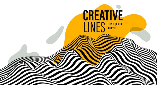 3d black and white lines in perspective with yellow fluid liquid paint splat abstract vector background, linear perspective terrain pattern op art.