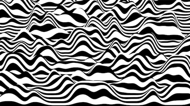 Vector 3d black and white ripple stripes distorted backdrop. abstract procedural noise surface.