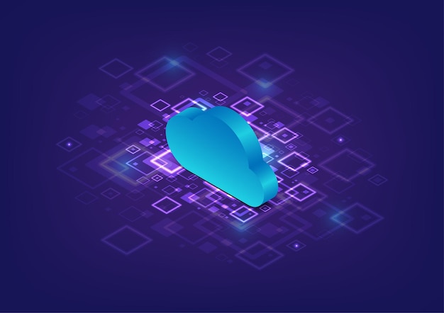 3D blauwe wolk op vierkante vorm patroon paarse achtergrond wolk computing illustratie