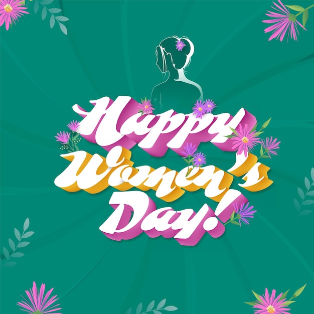 3D Blend Happy Women's Day lettertype versierd met bloemen, bladeren op groene Swirl stralen achtergrond.