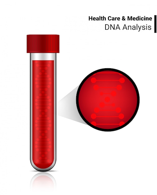 투명 튜브에서 3d 혈액 검사 Dna 분자. 건강 관리, 의료 및 과학 컨셉 디자인.