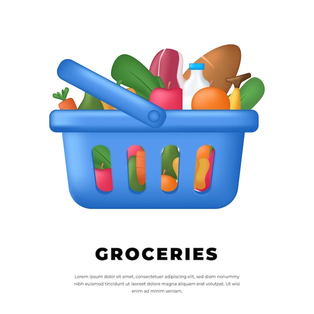 3d 파란색 바구니에는 슈퍼마켓이나 소매점에서 판매되는 식품 과일 야채 식료품 제품이 들어 있습니다.