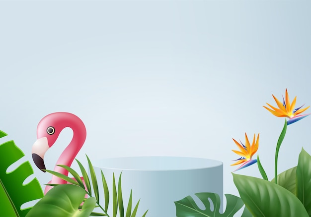 3d визуализация синий фламинго для летнего фона дисплея продукта. сцена на подиуме с зеленым листом