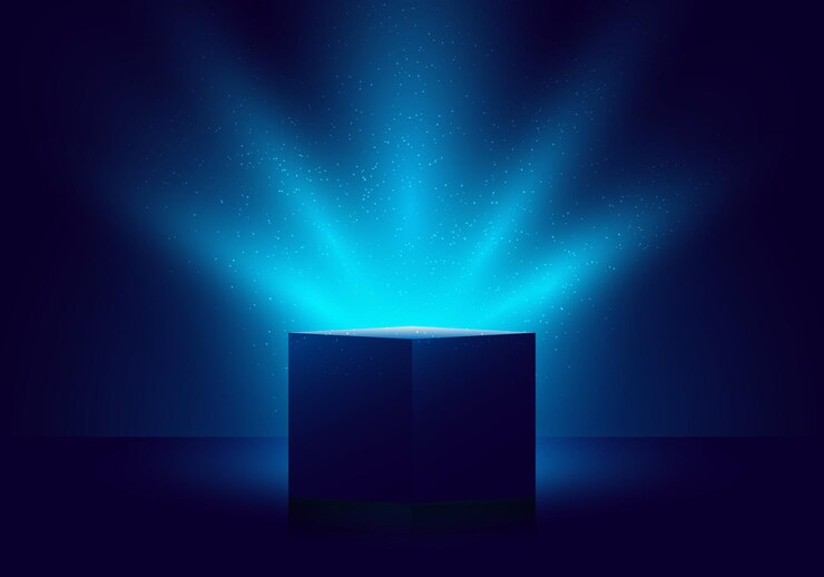 Vector 3d blue mystery box with illuminated lighting glitter on dark background. vector illustration
