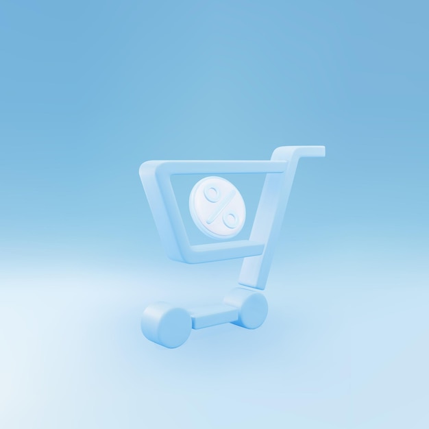 Vector 3d blue shopping cart and percent discount icon isolated on blue background online buying concept