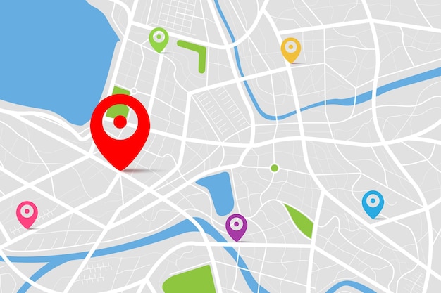 3D bovenaanzicht van een kaart met bestemmingslocatiepunt, Luchtfoto schoon bovenaanzicht van de stadskaart van de dagtijd met straat en rivier, Lege stedelijke verbeeldingskaart, GPS-kaartnavigatorconcept
