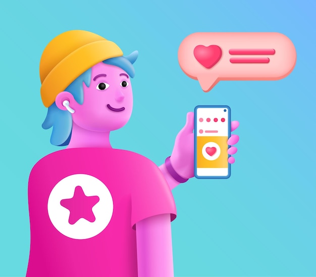 Vettore il personaggio dei cartoni animati del ragazzo 3d con le cuffie tiene in mano lo smartphone e comunica nei social network