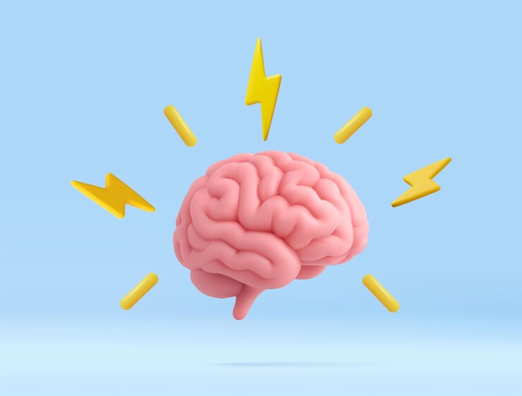Vector 3d brain with lightning bolts symbolizing creativity and ideas