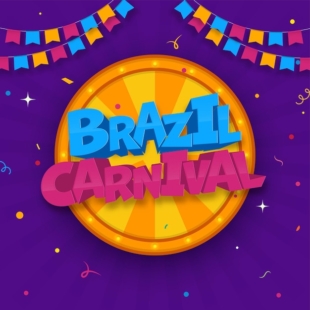 3d brazil carnival text on marquee lottery wheel and colorful bunting flags decorated purple confetti rays background