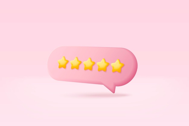 3D-bubbelbeoordeling vijf sterren voor de beste uitstekende services-beoordeling voor tevredenheid 5-sterren voor kwaliteit klantbeoordeling feedbackconcept van klant over productbeoordeling door werknemers 3D-vector render