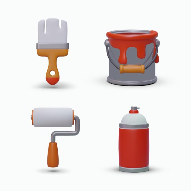 3d bucket with red paint roller brush and spray paint Collection with instruments for website