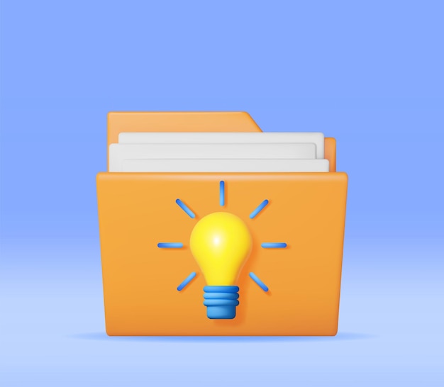 3D Business Folder full of Papers and Idea Bulb