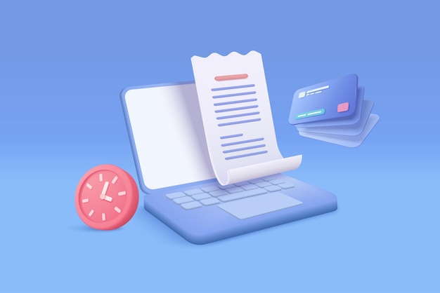 3D business invoice transaction for payment on laptop with clock alert notification Business using invoice bill transaction with credit card concept 3d receipt vector icon render illustration