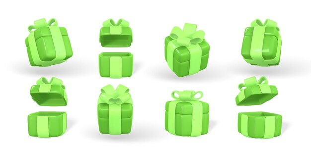 Vector 3d cadeau doos met groene boog plastic doos met schaduw geïsoleerd op lichte achtergrond vector illustratie