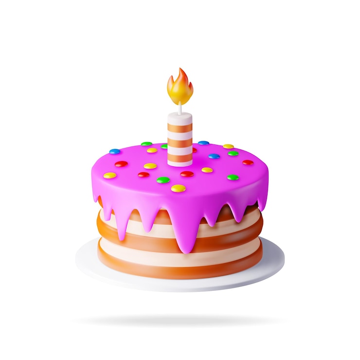 Vector 3d cake with one burning candle isolated on white render chocolate layer cake decorated with purple glaze icing sweet party pie holiday anniversary celebration dessert gift vector illustration
