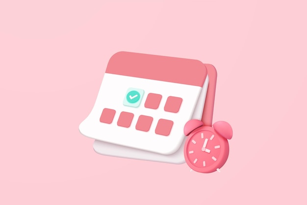 3d calendar marked date and time for reminder day in pink background calendar with todo list for schedule appointment event day holiday planning concept 3d alarm icon vector render illustration