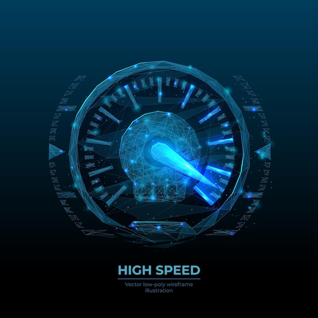 3d car speedometer in dark blue background digital low poly wireframe of high speed concept