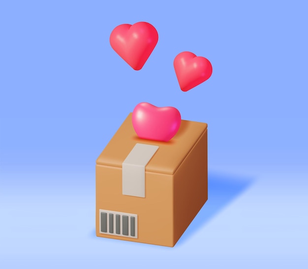 Вектор 3d картонная коробка с сердечками внутри