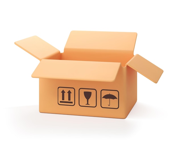 Вектор 3d картонная открытая коробка на белом фоне доставка грузовой ящик картонная коробка в мультяшном стиле или пакет доставки 3d реалистичный вектор