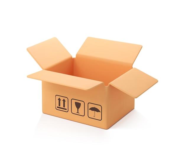 Vector 3d cardboard open box isolated on white background render delivery cargo box cartoon style cardboard box or delivery package 3d realistic vector