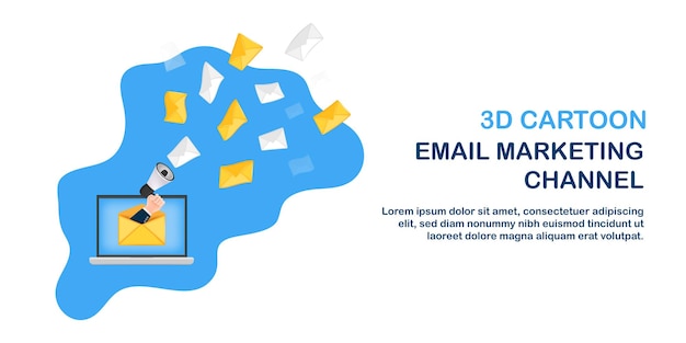 Cartone animato 3d uomo d'affari che tiene il megafono sullo schermo del taccuino che invia email marketing esplosivo di posta