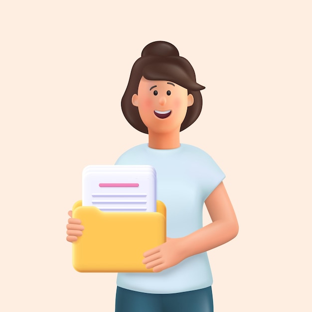 Personaggio dei cartoni animati 3d. giovane donna che tiene una cartella con file o documenti e sorridente. illustrazione 3d.