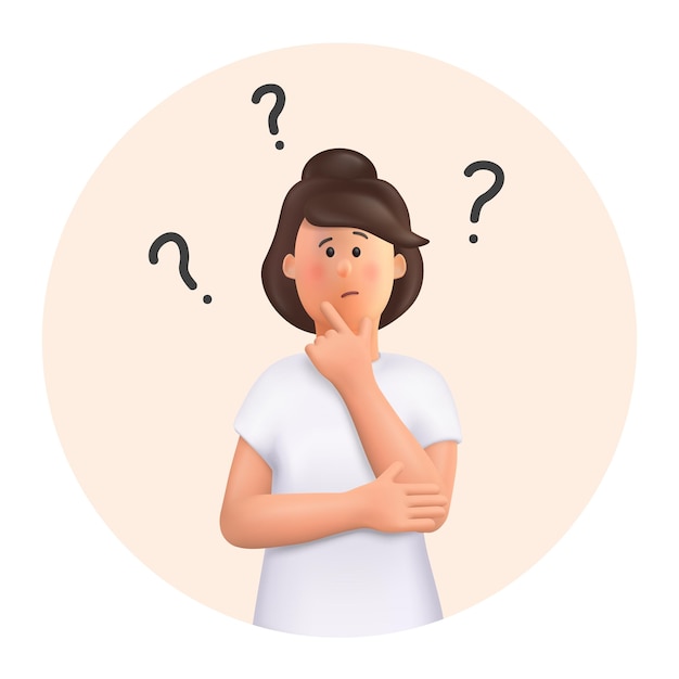 3d cartoon character. young woman in a thoughtful pose. choice concept, woman thinking, with question mark.  3d   illustration.