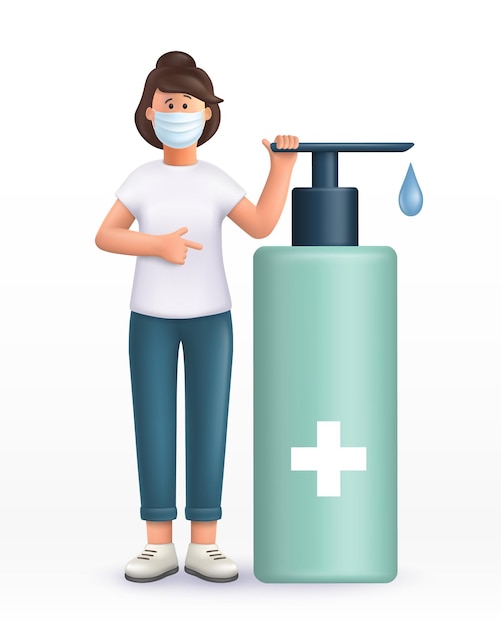 Personaggio dei cartoni animati 3d. giovane donna che indossa una maschera, in piedi vicino a grande gel antisettico alcolico, disinfettante per pulire le mani e prevenire l'infezione da virus.