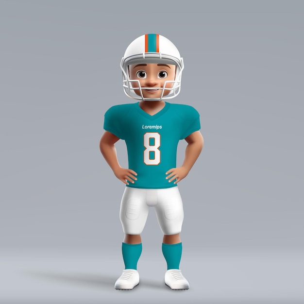 Cartone animato 3d carino giovane giocatore di football americano in uniforme maglia della squadra di calcio