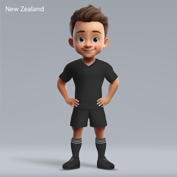 Vector 3d cartoon cute young rugby player in new zealand national team kit rugby team jersey