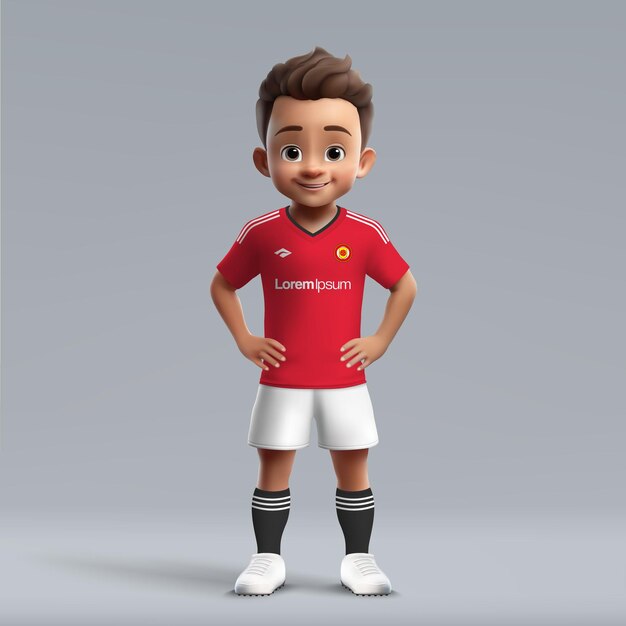 Vettore 3d cartone animato carino giovane calciatore carino in kit di calcio