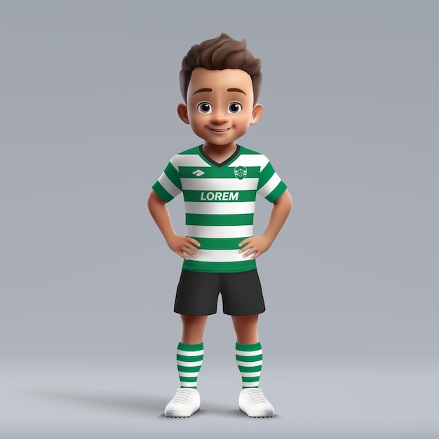 Vector 3d cartoon cute young soccer player in football uniform