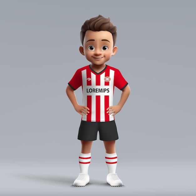 Vector 3d cartoon cute young soccer player in football uniform