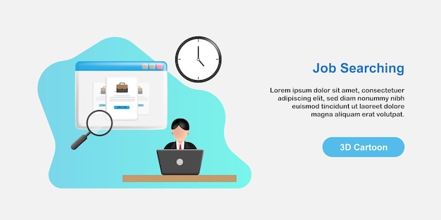 3d мультфильм поиск новой концепции работы бизнесмен в костюме ищет веб-страницу в поисках вакансии