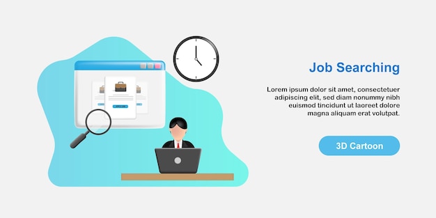 Cartone animato 3d trovare un nuovo concetto di lavoro uomo d'affari in tuta alla ricerca di una pagina web in cerca di lavoro vacante
