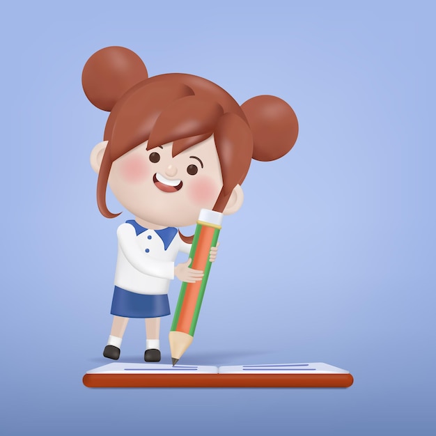 3d cartoon girl student character writing on a book