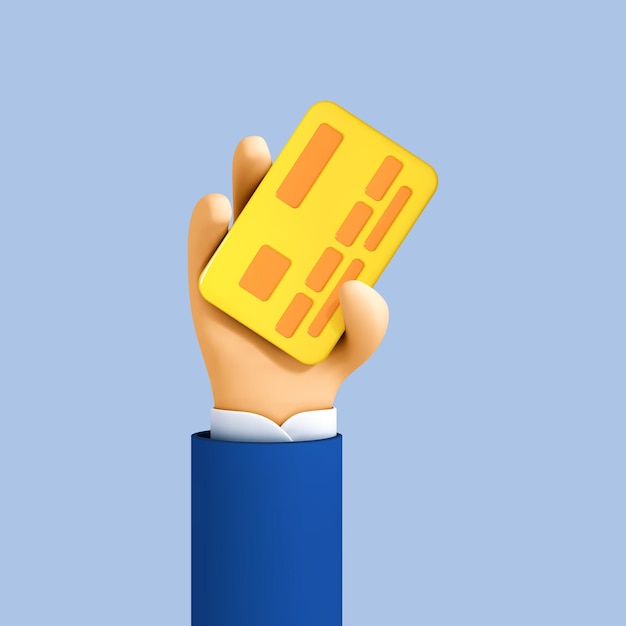 Vector 3d cartoon hand of businessman holds debit or credit card concept of contactless payment or online shopping and online banking vector 3d illustration