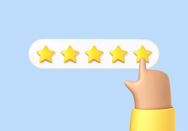 3d cartoon hand clicks on a five star rating concept of a positive rating reviews and feedback internet and electronic commerce vector 3d illustration