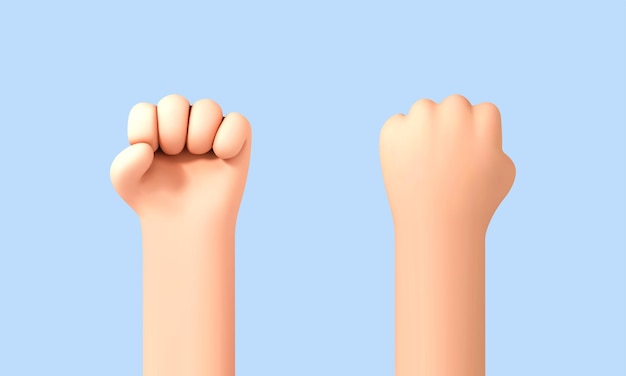 Vector 3d cartoon hand fist raised up isolated on blue background revolution and protest concept strength icon vector 3d illustration