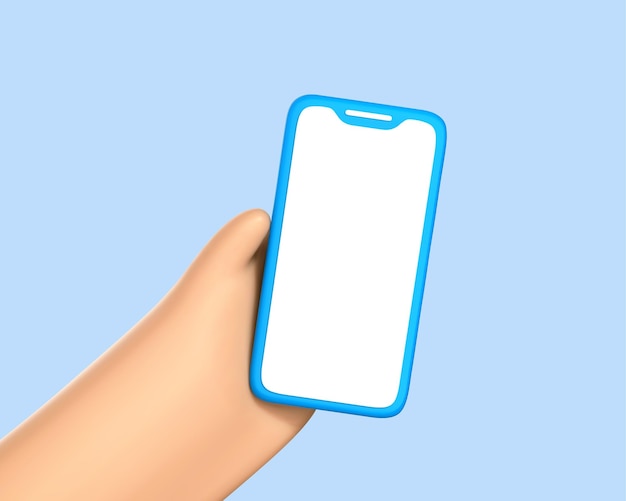 3D cartoon hand hold smartphone with blank screen isolated on blue background Human hand showing modern smartphone with empty display Vector 3d Illustration