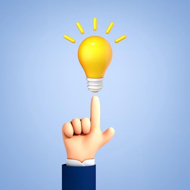 3D Cartoon hand holding a light bulb isolated on blue background Thinking good idea and business success creative concept Vector illustration