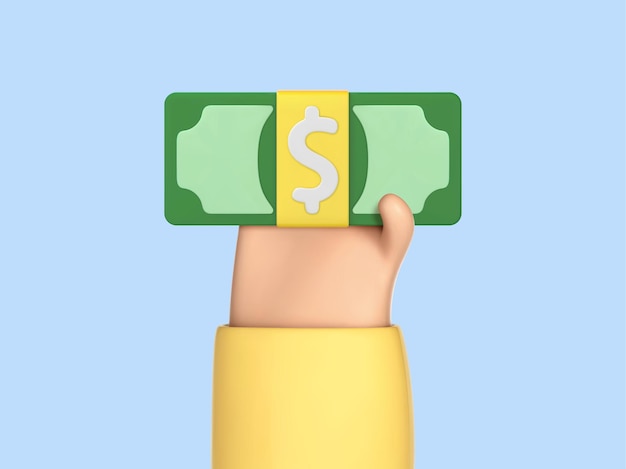 Vector 3d cartoon hand holds stack of dollar bills concept of financial operation payment and cash back money investment and business commerce vector 3d illustration