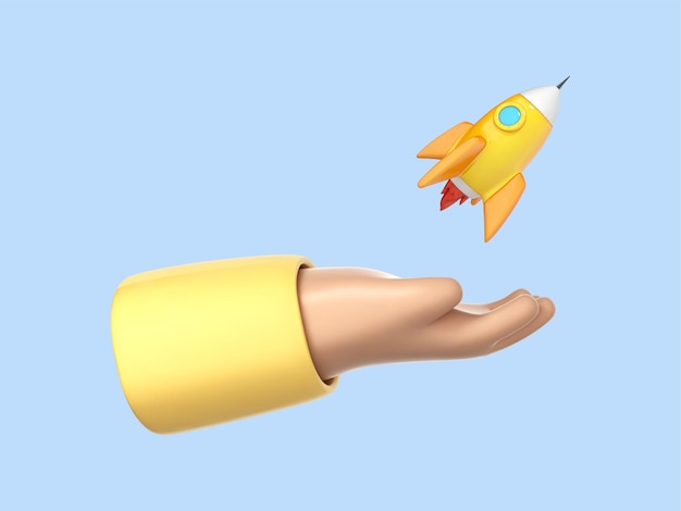 3d cartoon hand met een raket die opstijgt menselijke hand met raketlift geïsoleerd op blauwe achtergrond zakelijk product lanceren op de markt opstarten bedrijfsconcept vector 3d illustratie