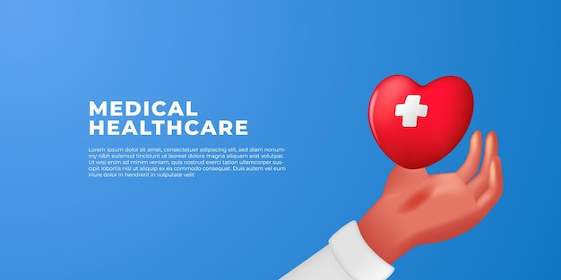 3D cartoon hand met rode haard medische gezondheidszorg illustratie concept voor ziekenhuis kliniek