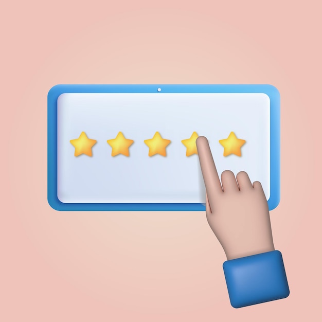 3d cartoon hand pointing to five star rating vector