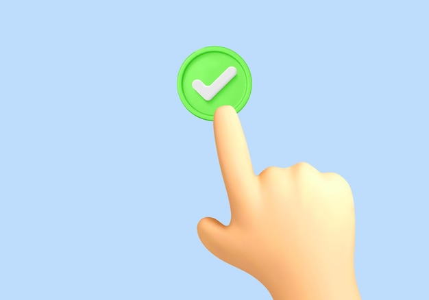 Vector 3d cartoon hand presses green button with check mark accepting agree concept finger selects successful correct answer vector 3d illustration