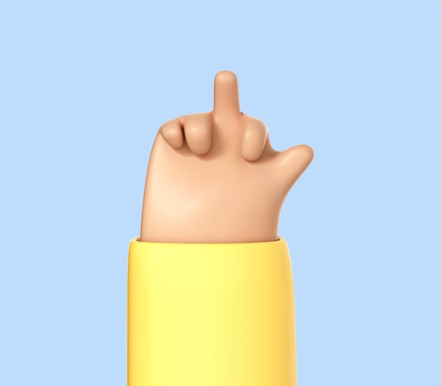 3D cartoon hand shows the middle finger isolated on blue background Aggressive gesture for insulting or showing protest Vector 3d illustration