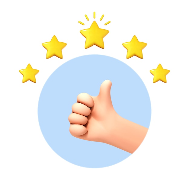 3D cartoon hand thumb up for success or good feedback Five star rating Positive concept and like symbol Customer review rating and client feedback concept Vector 3d illustration