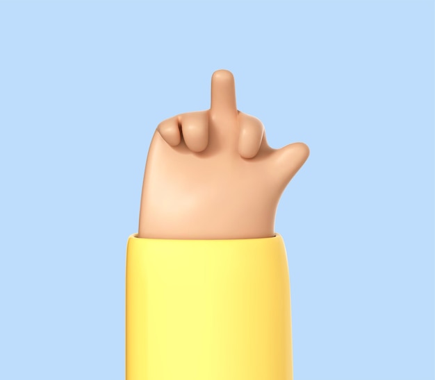 3D cartoon hand toont de middelvinger geïsoleerd op blauwe achtergrond Agressief gebaar voor het beledigen of tonen van protest Vector 3d illustratie