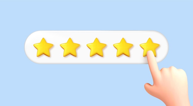 3D cartoon hand touching five star symbol to increase rating Finger pointing to five star rating Feedback reputation and quality concept Customer review concept